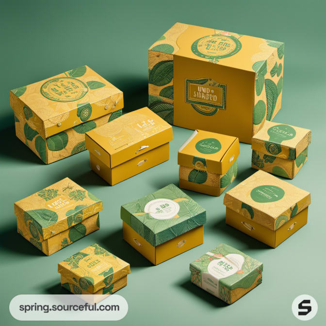 Collection of yellow and green boxes featuring nature-inspired designs.