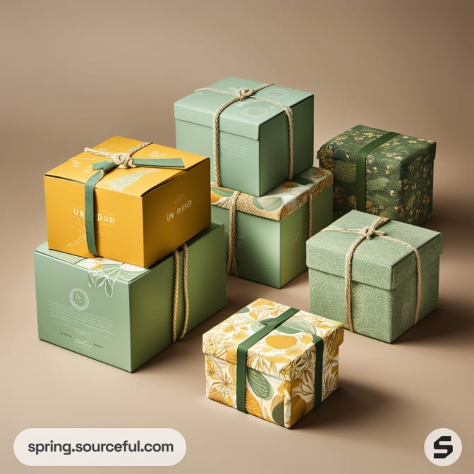 Stylish green and yellow square boxes with natural patterns and minimalist ties.