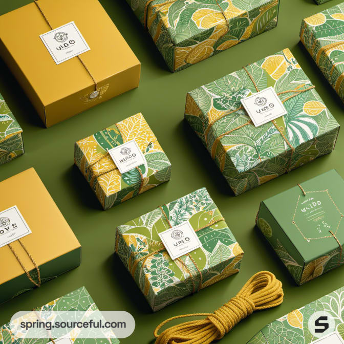 Yellow and green gift boxes with intricate floral designs and cords.