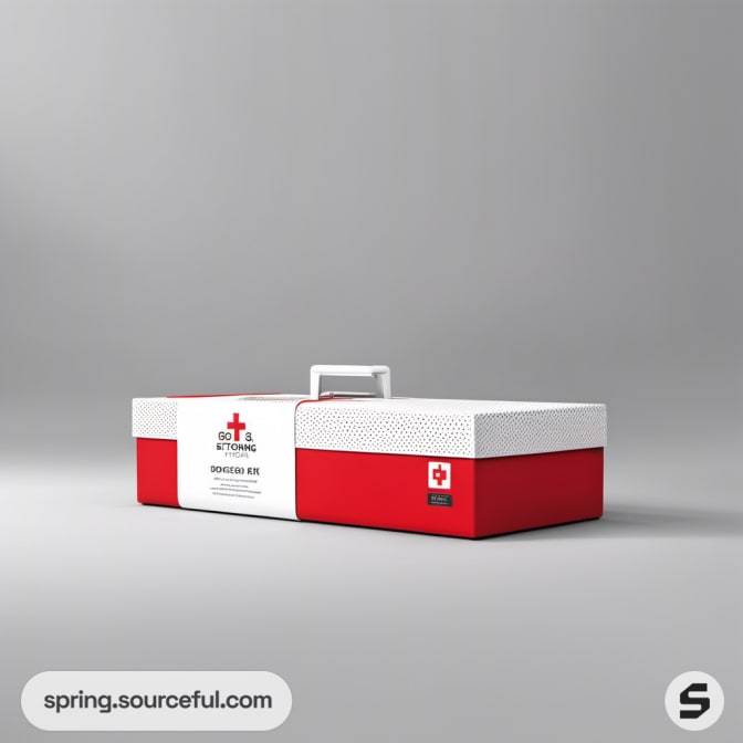 Red and white first aid kit box with handle on a gray background.