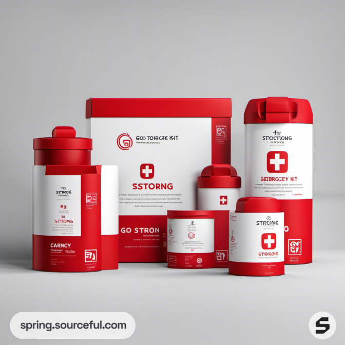 Collection of red and white first aid containers and boxes.