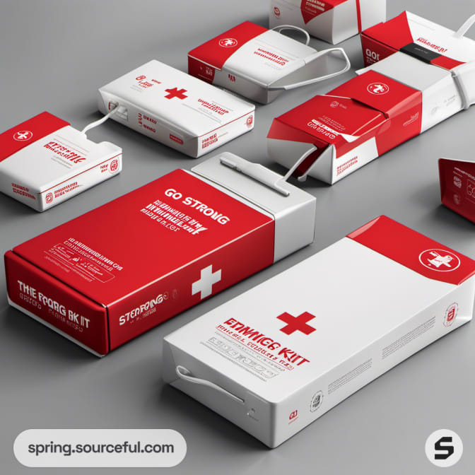 Assorted red and white first aid kit boxes with handles.