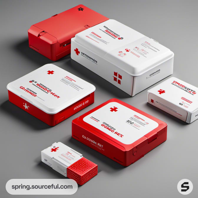 Variety of red and white first aid kit boxes and containers.