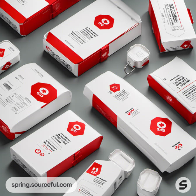 Red and white first aid kits in various box designs.