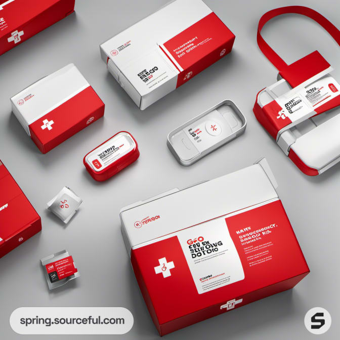 Red and white first aid kits in multiple shapes and sizes.