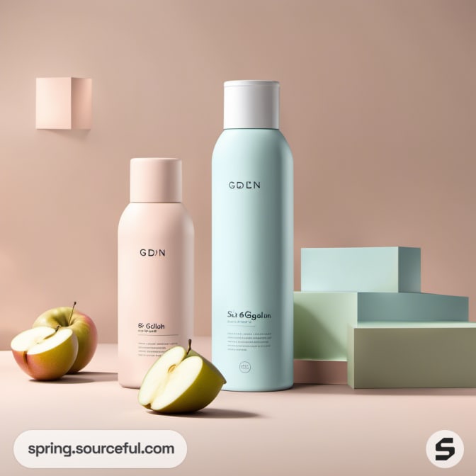 Two bottles with mint green and peach colors beside apples and geometric shapes.