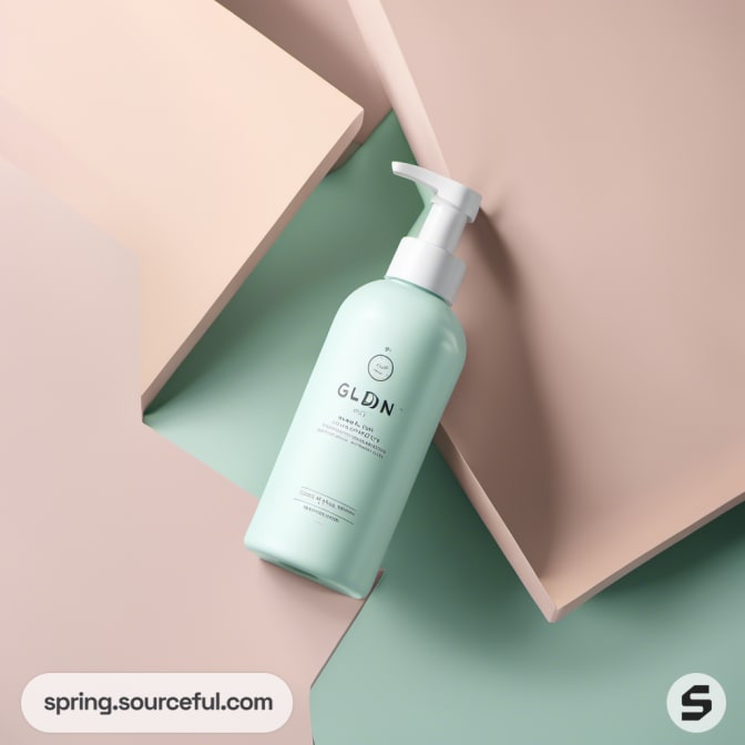 Single mint green pump bottle placed among pastel geometric shapes.