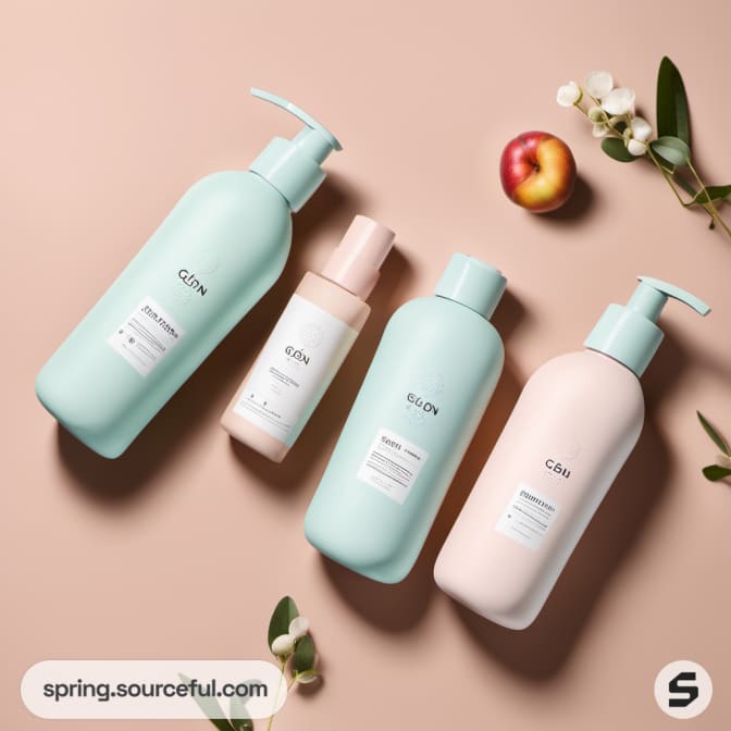 Four pastel skincare bottles with fresh fruit and leaves on a brown background.