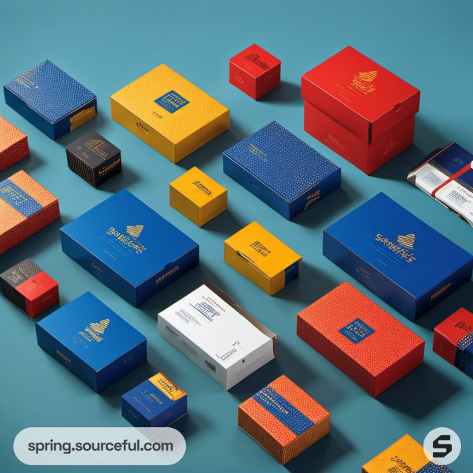 Colorful packaging boxes with geometric patterns on a teal background.