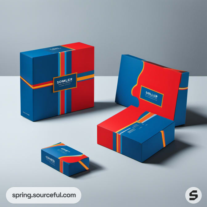 Blue and red packaging boxes with simple geometric designs.