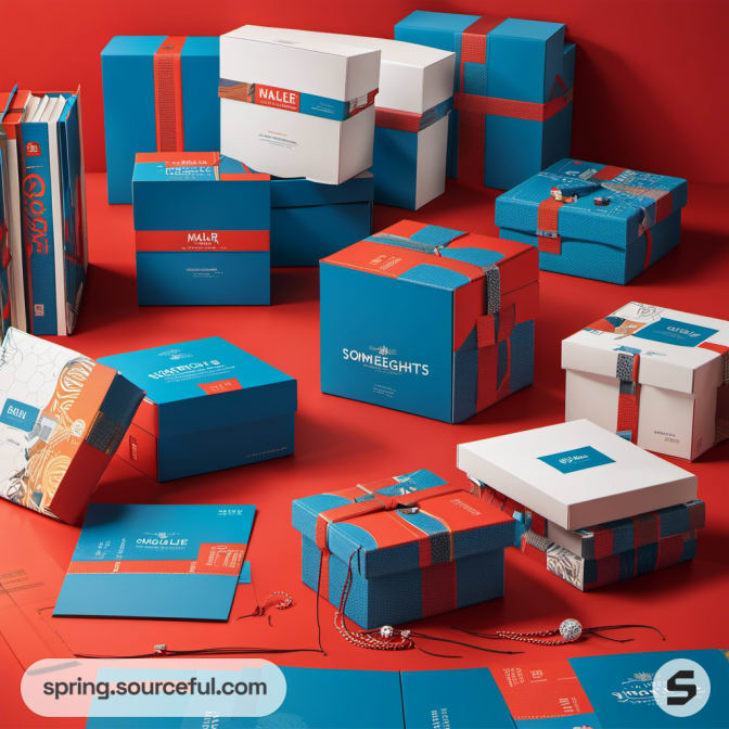 Collection of red and blue packaging boxes on a red background.