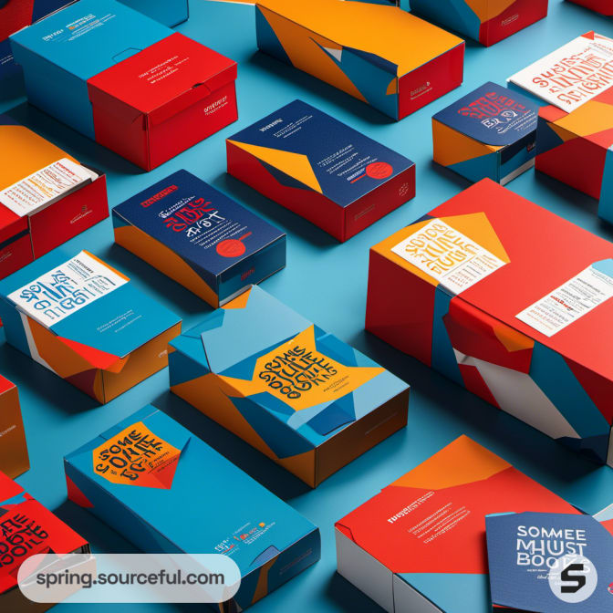 Vibrant packaging boxes with abstract designs on a blue background.