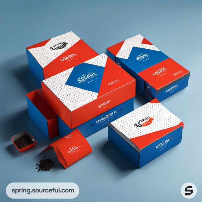 Red and blue packaging with dotted patterns on a blue surface.