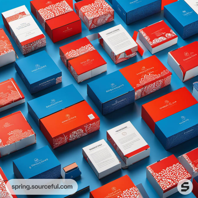 Packaging boxes with coral patterns on a blue background.