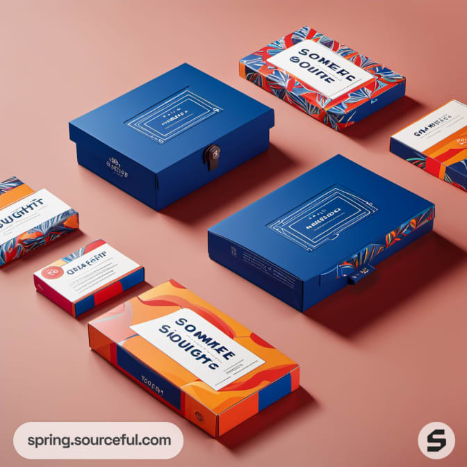 Blue and orange packaging boxes with bold artistic designs.