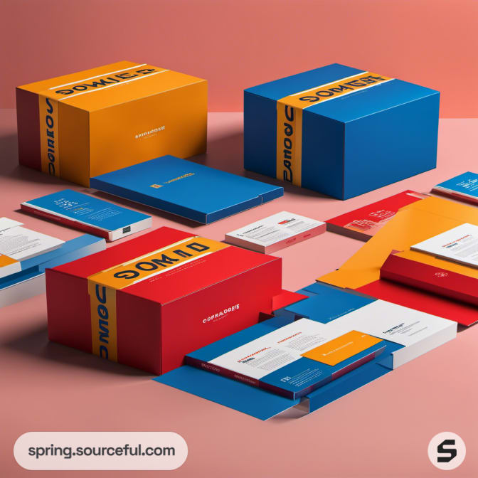 Gold, red, and blue packaging boxes on a peach background.