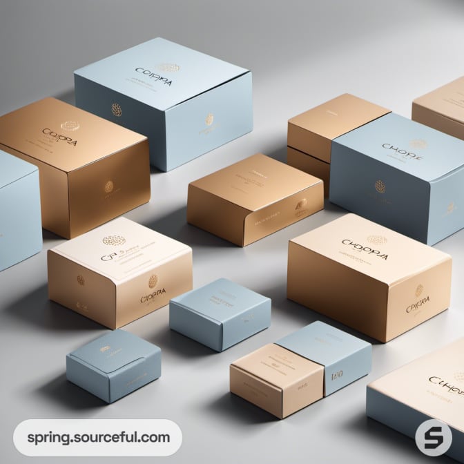 Assorted gold and blue rectangular boxes on a grey surface.