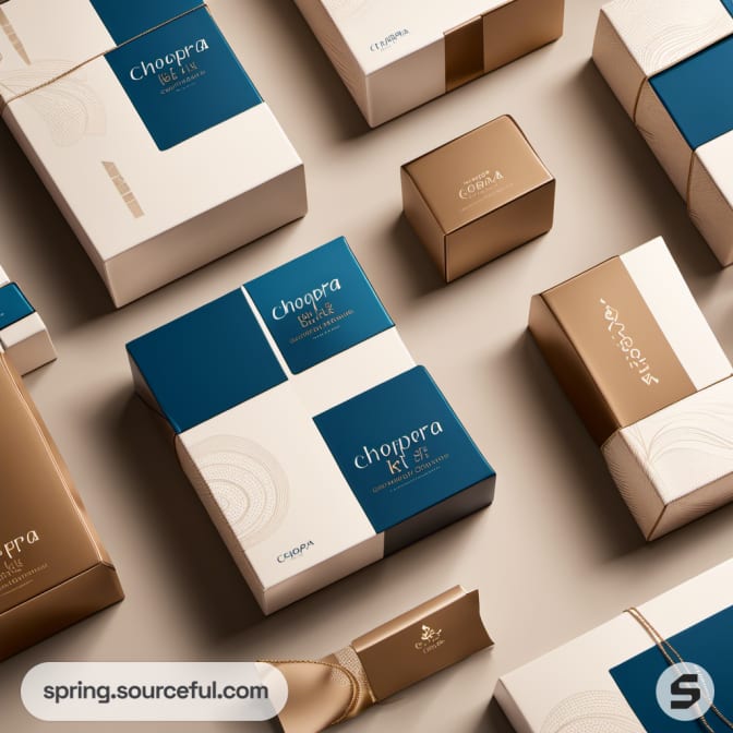Collection of blue and gold boxes with sleek design.