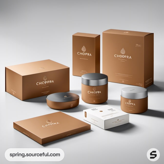 Brown square and cylindrical boxes with metallic lids.