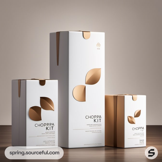 Tall white and gold boxes with leaf designs.