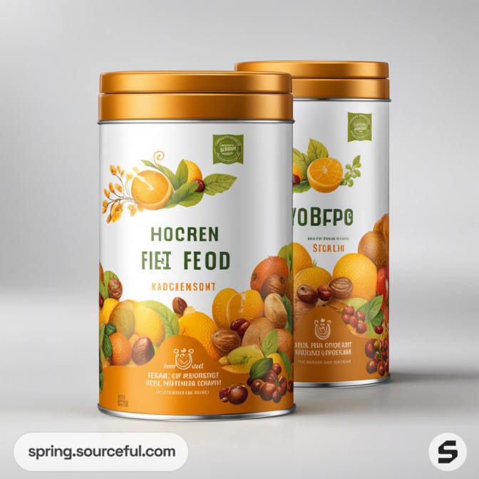 Two cylindrical tins with orange lids, featuring vibrant fruit and nut designs on the label.
