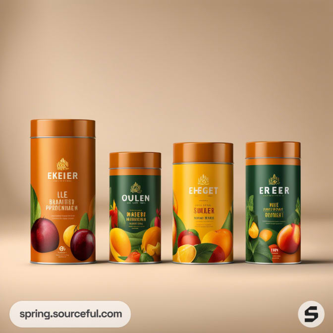 Four cylindrical tea tins with fruit designs on a beige background.