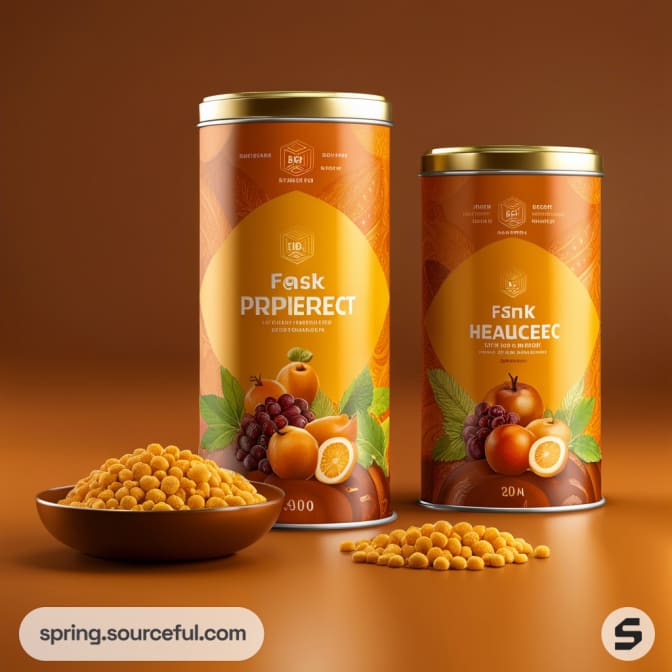 Two cylindrical snack containers with fruit imagery and dispersed snacks on a warm brown background.