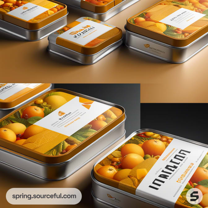 Silver tins with vibrant fruit graphics and white labels featuring various fruits and text, on a beige surface.