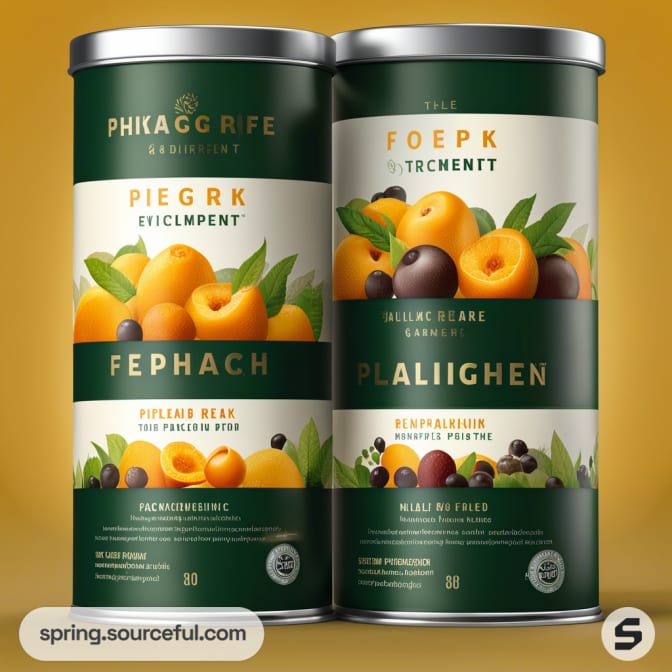 Two cylindrical containers with green labels, featuring vibrant images of peaches and berries.