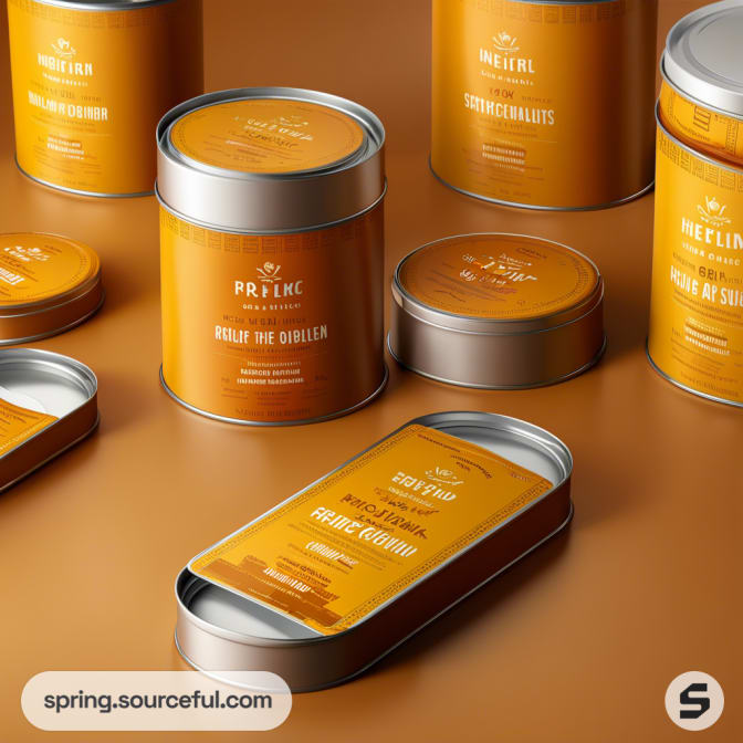 Round tins and rectangular tins with orange labels on a brown surface.