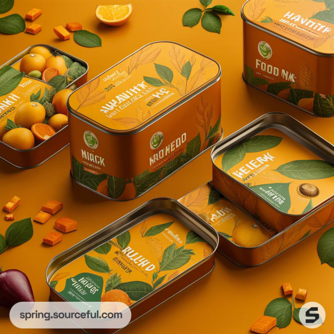 Rectangular metal tins with orange and green leaf design, containing various fruits and herbs on a yellow background.