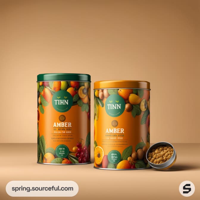 Two cylindrical tins with fruit designs featuring dried nuts and amber-flavored mix on a beige background.