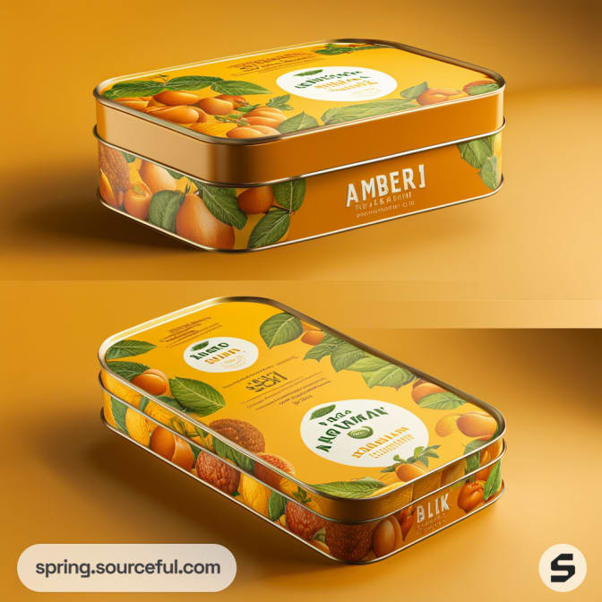 Rectangular tin box with orange and leaf design, labeled 'AMBERJ', containing cosmetic balms or creams.