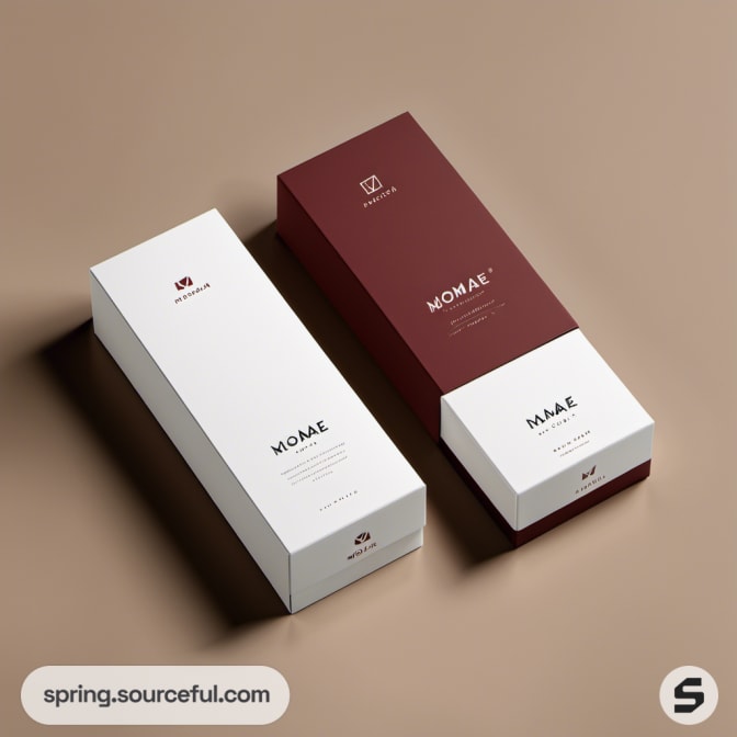 White and maroon rectangular sock packaging boxes.