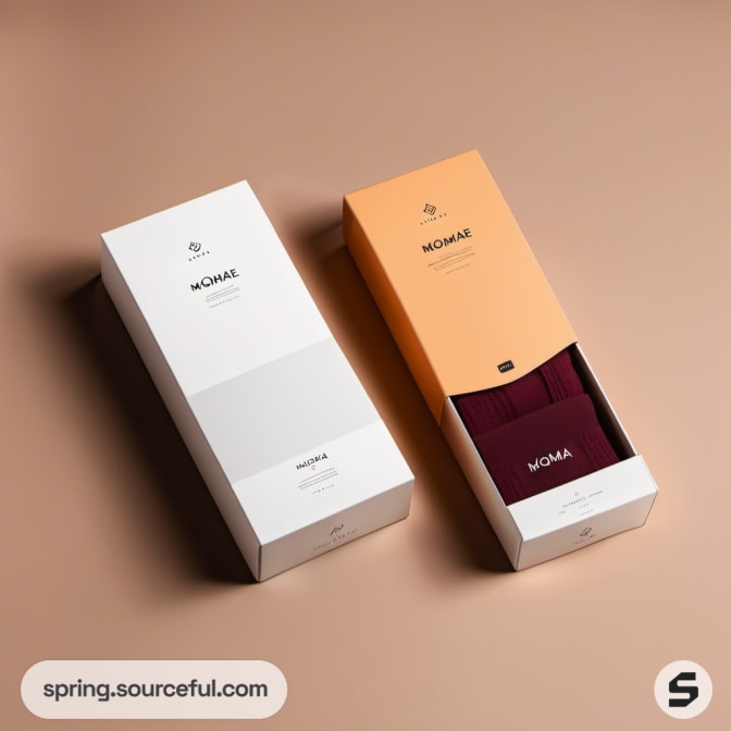 White and orange rectangular sock boxes with burgundy content.