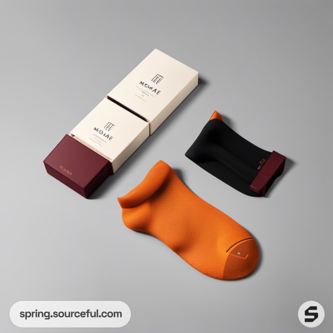 Orange and burgundy sock packaging with separate black pair.