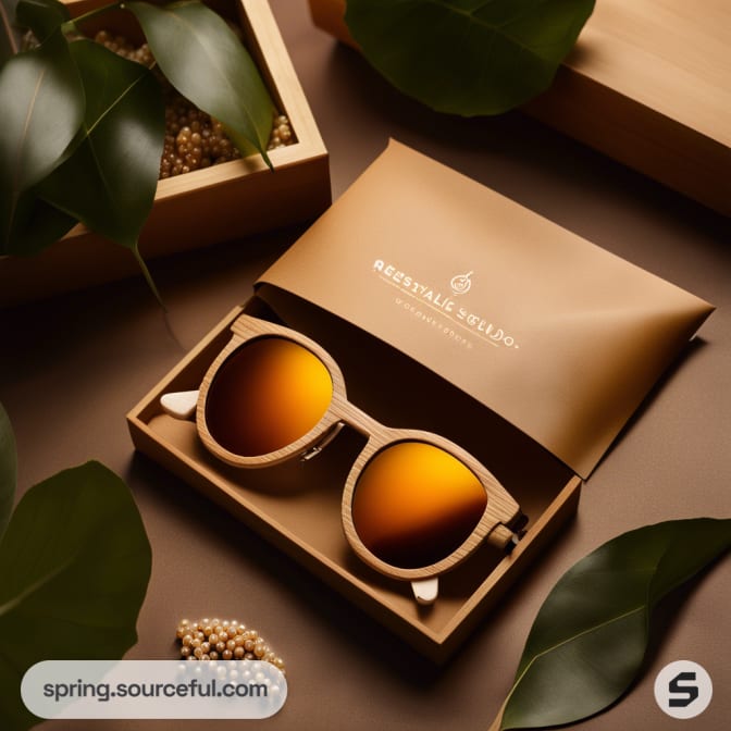 Wooden sunglasses with orange lenses in a cardboard box, surrounded by green leaves on a wooden table.