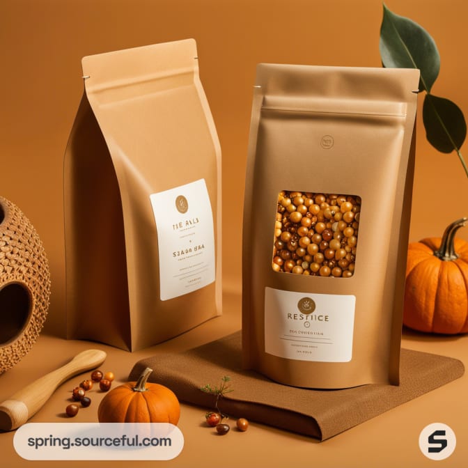 Brown resealable pouches with grains, surrounded by pumpkins and leaves on a warm-hued background.
