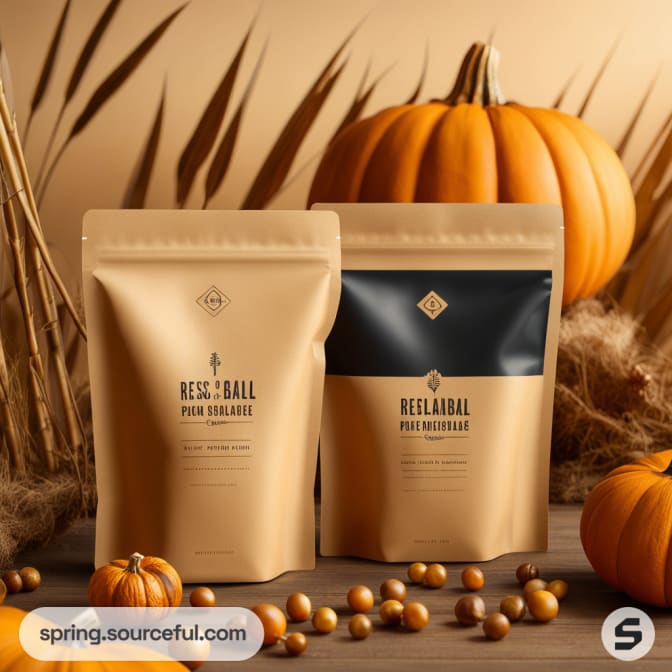 Two resealable pouches in autumn-themed setting with pumpkins and wheat stalks.