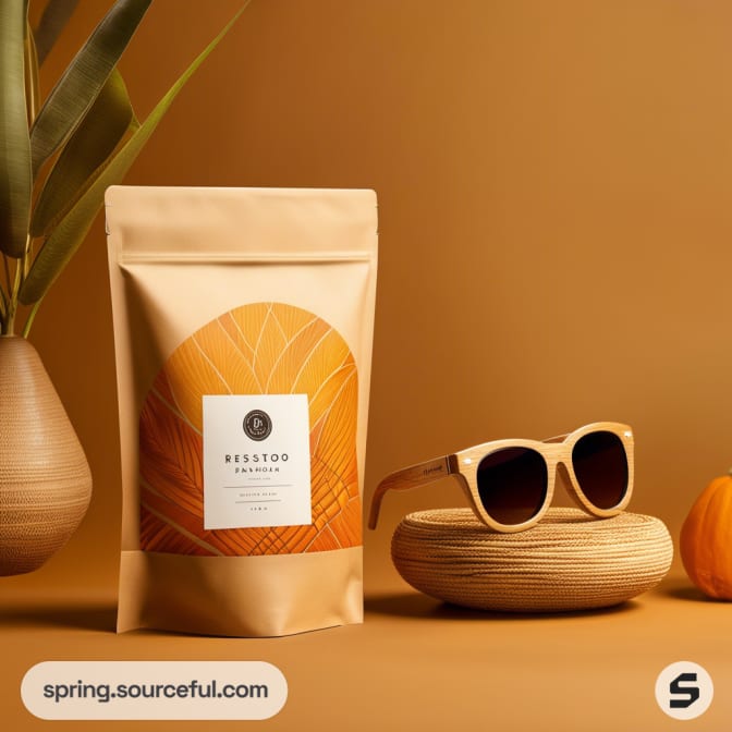 Beige resealable pouch with orange geometric design; wooden sunglasses beside; earthy decor background.