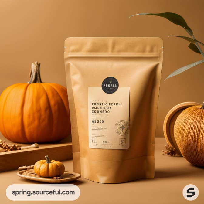 Brown resealable pouch on table with pumpkins and fall decor.