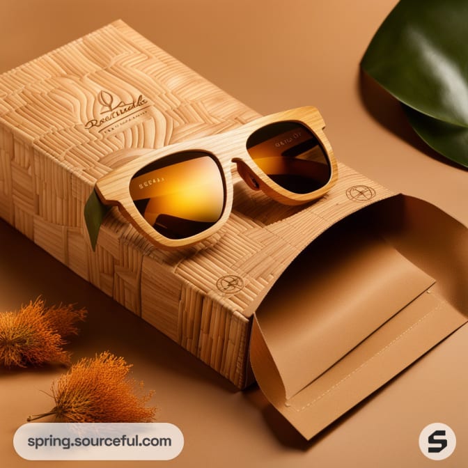 Wooden sunglasses on a patterned brown box with a tropical leaf and orange flowers nearby.