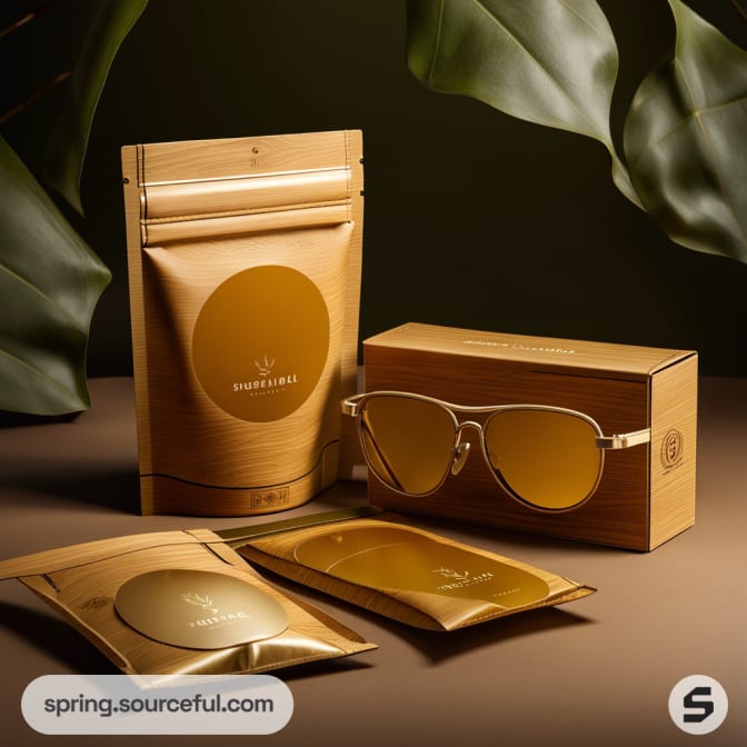 Sunglasses in wooden box with resealable pouches, green leaf background.