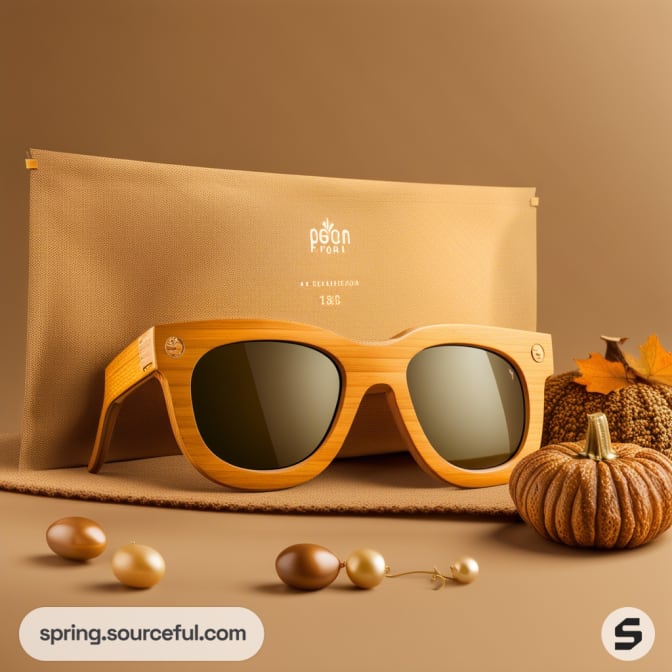 Wooden sunglasses with dark lenses on a beige pouch, surrounded by decorative pumpkins and acorns.