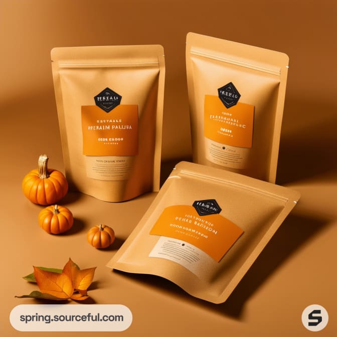 Three kraft stand-up pouches with orange labels on a brown background, surrounded by small pumpkins.