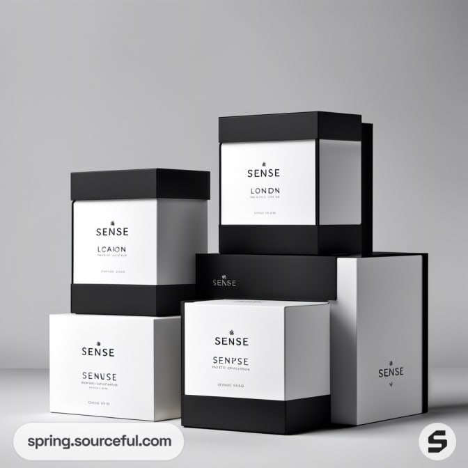 Black and white minimalist product boxes with 'Sense' label.