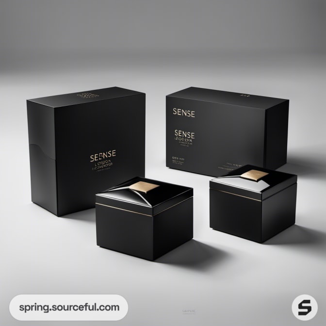 Sophisticated black packaging set with angled lids, 'Sense' branding.