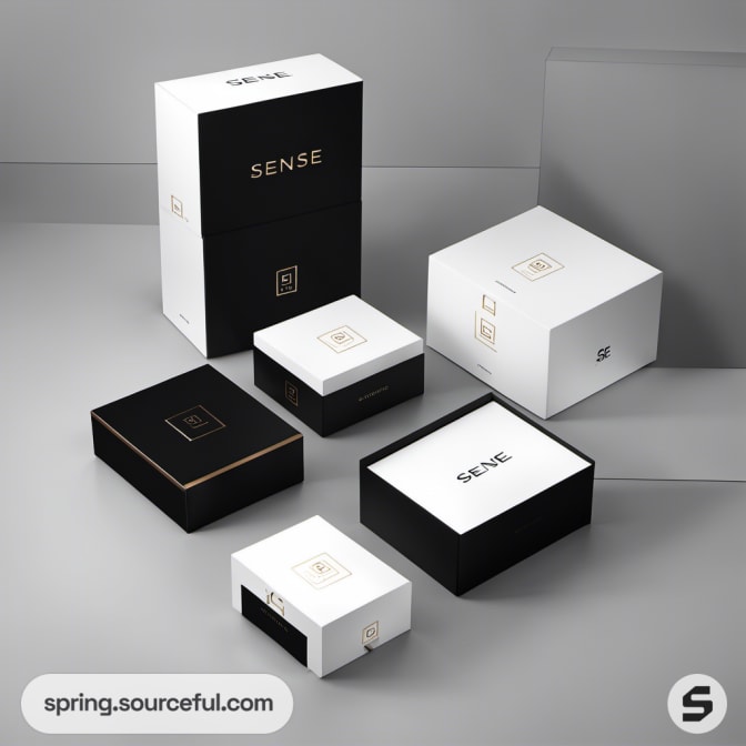 Assorted black and white boxes arranged showcasing 'Sense' label.