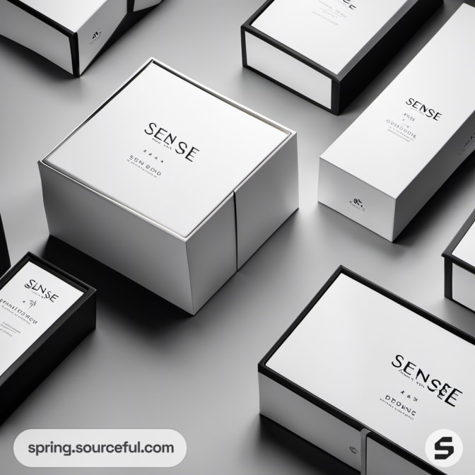 Close-up of sleek white boxes with black 'Sense' branding.