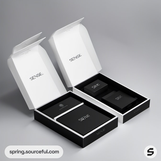 Open black and white boxes displaying organized 'Sense' items.